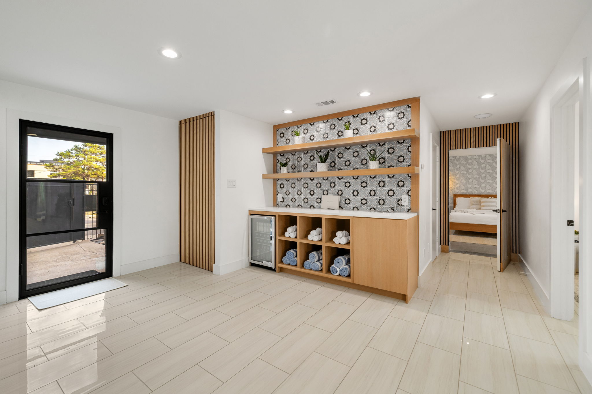 Pool area at dusk with string lights